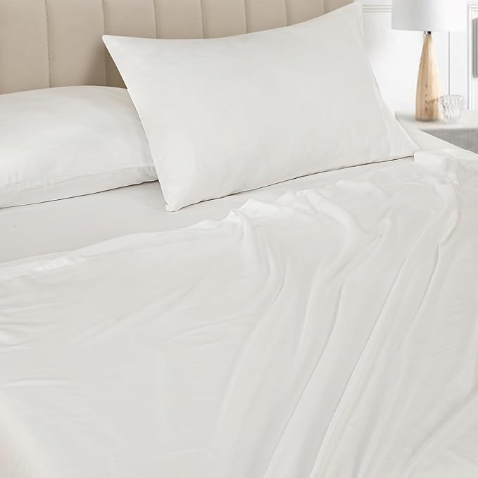 ROYALE LINENS Bamboo Viscose Queen Sheet Set - Cooling Bed Sheet Set - 1 Fitted, 1 Flat & 2 Pillowcase - Fits Up to 16" - Organic Viscose Derived from Bamboo - Bedding Sheet Set (Queen, Bright White)