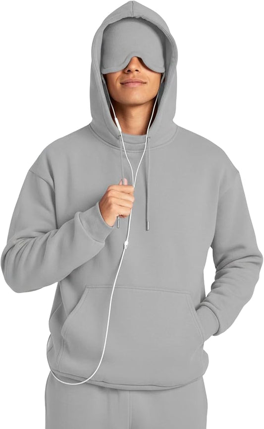 Ainangua Mens Oversized Pullover Essentials Hoodie with Eye Mask Built In Comfor Airplane Mode Travel Sleep Wearable Blanket