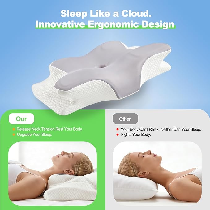 Ergo Cervical Neck Pillow – Ergonomic Neck Pain Relief Pillow for Deep Sleep, Contour Memory Foam Support, Odorless, Cooling Breathable Pillowcase, Ideal for Side Back Stomach Sleepers (Grey)