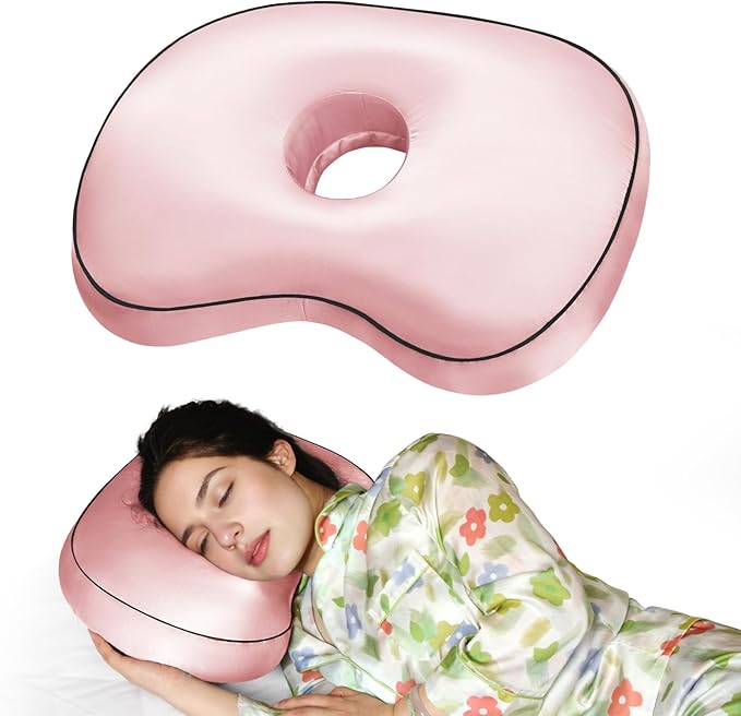 Pink Ear Piercing Pillow - Side Sleeper Support with 3.5" Ear Hole Relief, Hypoallergenic Orthopedic Pillow for Healing Piercings
