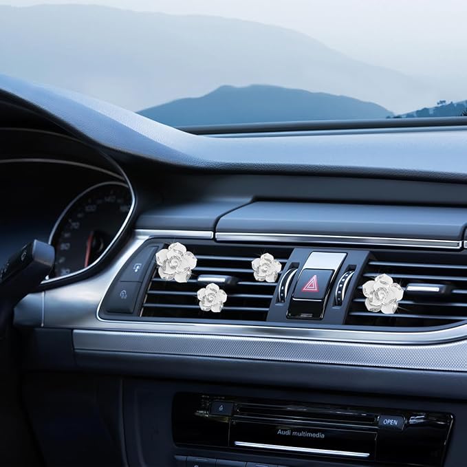 4PCS Bling Car Air Vent Clips, Flower Shiny Rhinestone Clip-on Vehicle Air Outlet Clamp, Sparkly Diamond Auto Interior Vent Decoration Clip, Universal for SUV Automobile Truck (White)