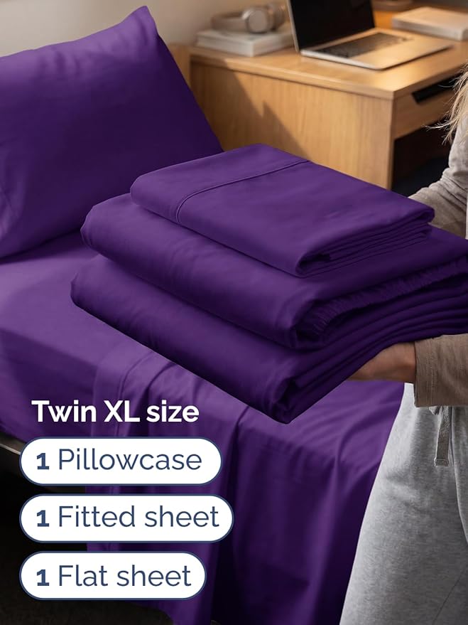Extra Deep Twin XL Sheet Set - 3 Piece Breathable & Cooling Bed Sheets - Easily Fits 18 to 24 inch Mattress - Ultra Soft, Wrinkle & Fade Free with Extra Deep Pockets - Hotel Luxury Bedding - Purple