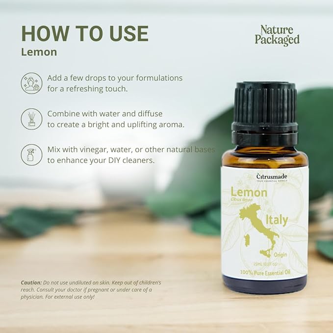 Lemon Essential Oil - Direct from Citrusmade Southern Italy - Cold Pressed - Aceite de Limón for Aromatherapy, Massage, Diffuser, DIY Candle and Soap Making - 15ml