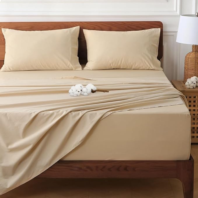 HYPREST Deep Pocket King Sheets Beige-100% Cotton Sheet Sets Fits 18"-24" in Deep Mattress, Hotel Luxury Soft Wrinkle Free Cooling Sheet Sets for King Bed Deep Pocket