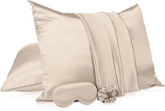 2 Pack Satin Pillowcase with Hidden Zipper, Adjustable Satin Eye Mask for Sleeping and Satin Volume Scrunchie for Hair and Skin, Standard Size(Champagne,Classic Style)