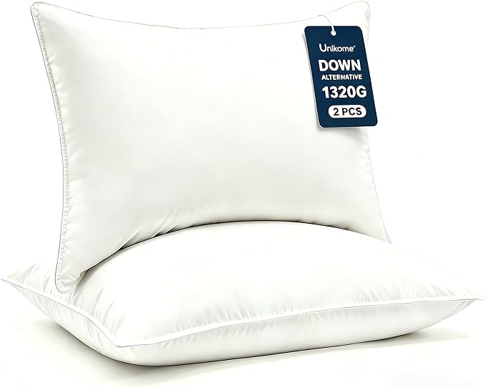 UNIKOME Ultra Soft Pillows Queen Size Set of 2 - Hotel Collection Luxury 100% Cotton Cover Down Alternative Bed Pillow, Fluffy Pillows for Back, Stomach or Side Sleepers