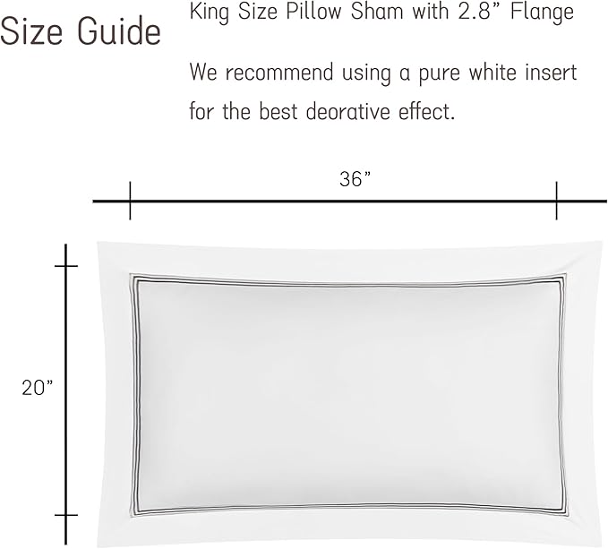 White Pillow Shams King Size Set of 2, 100% Cotton Luxury Hotel 3-Lines Embroidered Pillowcases, 400TC Sateen Weave Decorative Pillow Cases with Envelope Closure for Bedding, 20x36 Inches