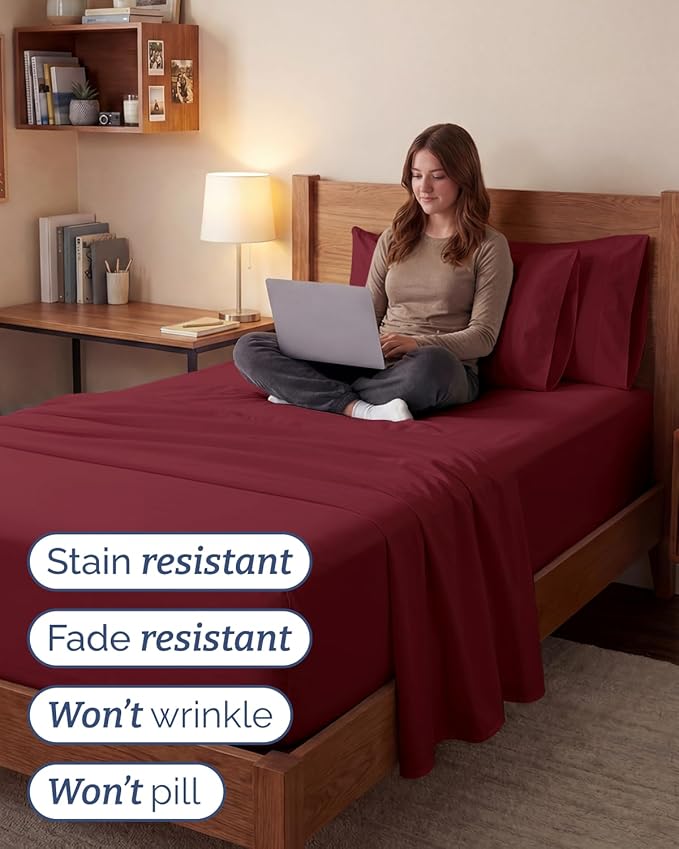 Extra Deep Twin XL Sheet Set - 4 Piece Breathable and Cooling Sheets - Hotel Luxury Bedding for Women, Men, Kids & Teens - Easy Secure Fit - Soft, Wrinkle Free & Comfy - Extra Deep Pockets - Burgundy