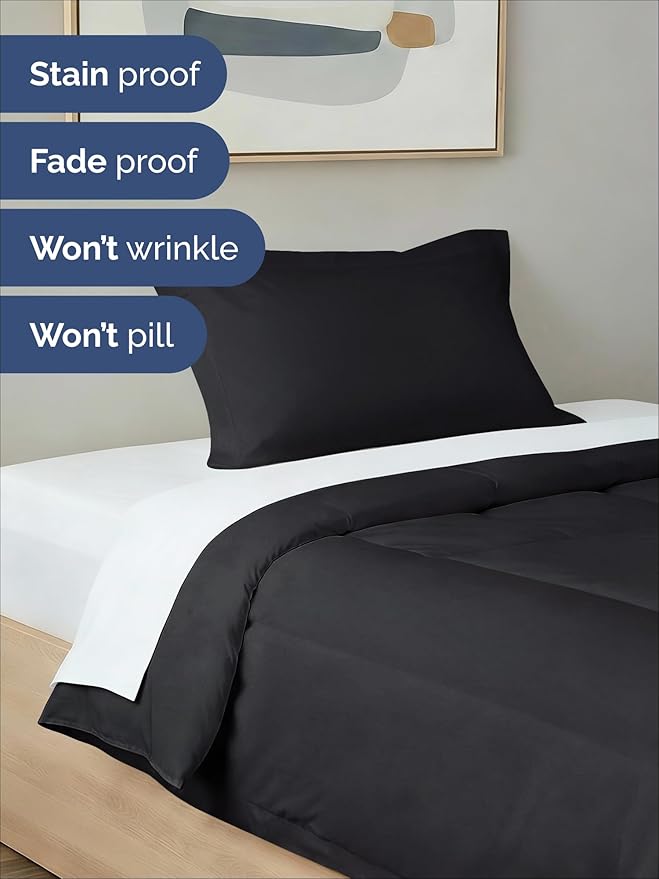 Twin Comforter Set - 2 Piece Bed Set for All Seasons - 1 Soft Quilted Comforter with Corner Tabs & 1 Pillow Sham - Comfy, Cozy & Breathable - Premium Down Duvet Insert - Oeko-TEX - Twin Size, Black