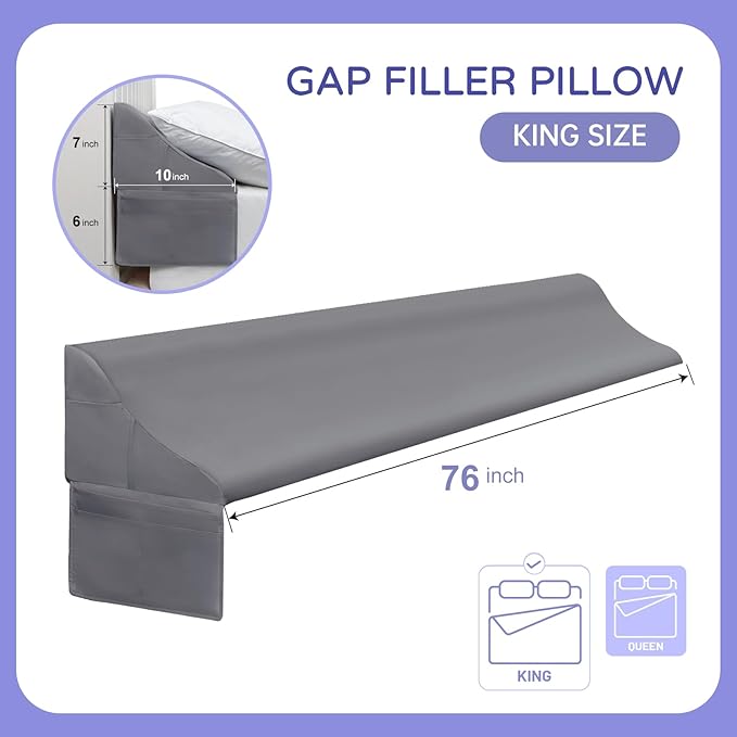 Vekkia King Size Bed Wedge Pillow for Headboard/Bed Wedge Gap Filler/Mattress Gap Filler/Wedge Pillow Headboard to Close The Gap (0-6") Between Your Headboard and Mattress, (Grey 76"x10"x7")
