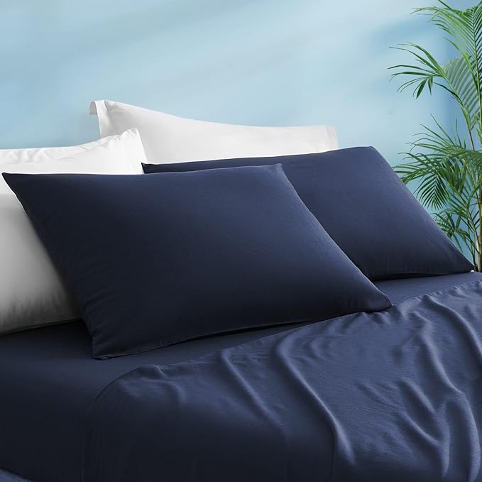 LUXEAR Pillow Cases, 2 Pack Standard Size Linen Pillowcases for Hair Skin, Silky Skin-Friendly, Machine Washable Pillow Covers - Navy Blue