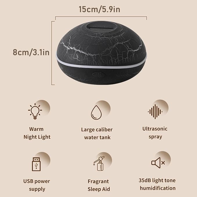 ThreeH Cracked Pattern Design Essential Oil Diffuser 200ml Aromatherapy Humidifier with Mood Light Auto Safety Unique Art Decor & Gift
