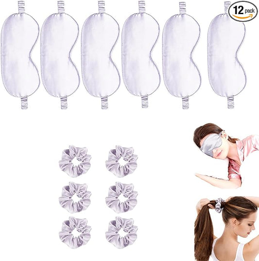 12Pcs Silk Sleep Masks Satin Eye Mask Silky Eyes Cover Blindfold Eyeshade Hair Ties Scrunchy Travel Bridesmaids Gifts