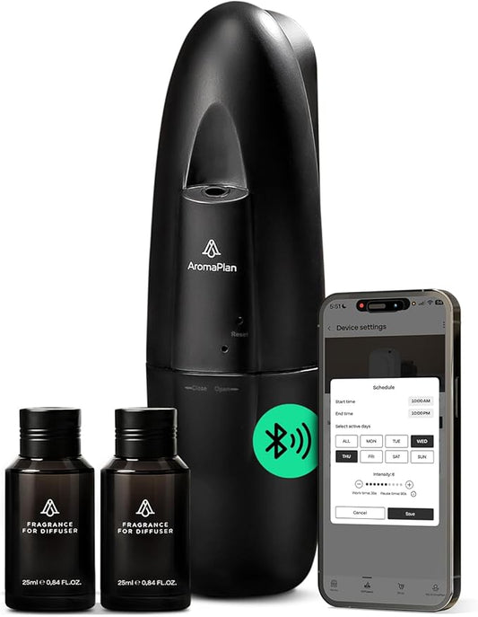 AromaPlan 5 Star Collection Plug in Diffuser (2 Fragrances Included)-Cold Air & Waterless Diffusers for Home & Office- Silent Wall Diffuser Plug in, Bluetooth App Control, 1000 sq. ft (Black)