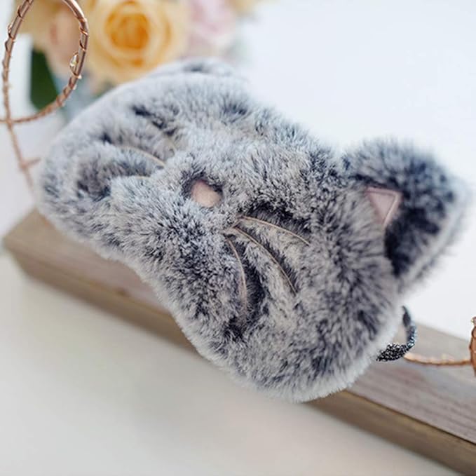 Shinywear Cute Rabbit Sleeping Eye Mask Plush Blindfold Travel Sleep Masks Super Soft Funny Eye Cover for Kids Girls and Adult (Black Grey cat)