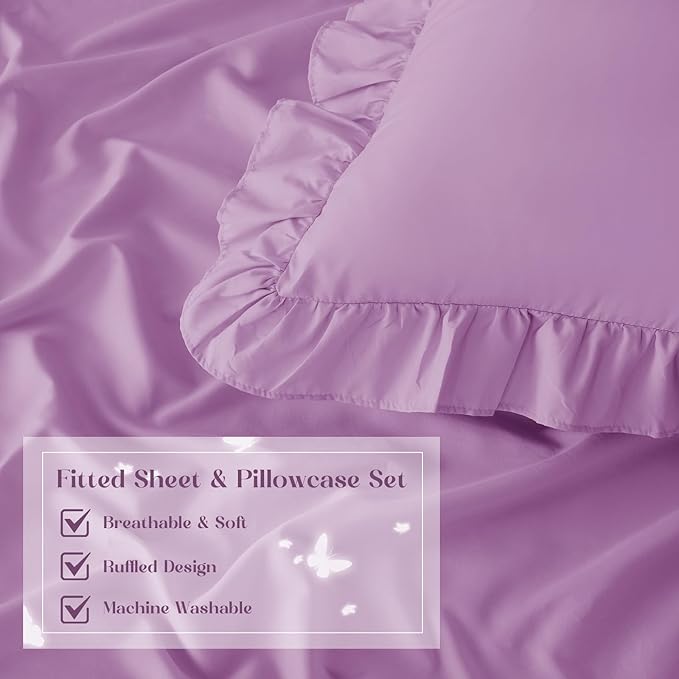 Homiest 3-Pieces Ruffle Pillow Case & Fitted Sheet Set, Lavender Full Sheets with 2 Ruffled Pillow Shams, 15 Inch Deep Pocket, Cute & Coquette Microfiber Bed Set for Decorating Bedroom Hotel