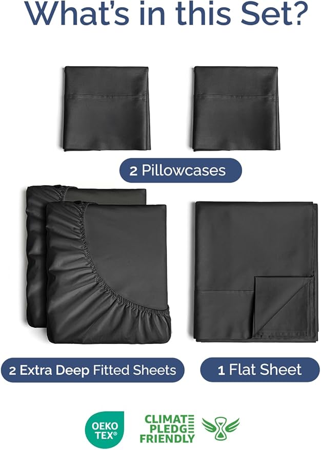 Extra Deep Split King Sheet Set - 5 Piece Breathable & Cooling Bed Sheets - Easily Fits 18 to 24 inch Mattress - Ultra Soft, Wrinkle & Fade Free w/ Extra Deep Pockets - Hotel Luxury Bedding - Black