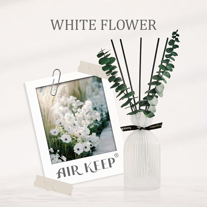 Airkeep Reed Diffuser Set 6.76 oz – White Flower Home Fragrance with Eucalyptus Sticks – Decorative Glass Bottle for Bathroom, Bedroom & Living Room Décor – Gift Ready