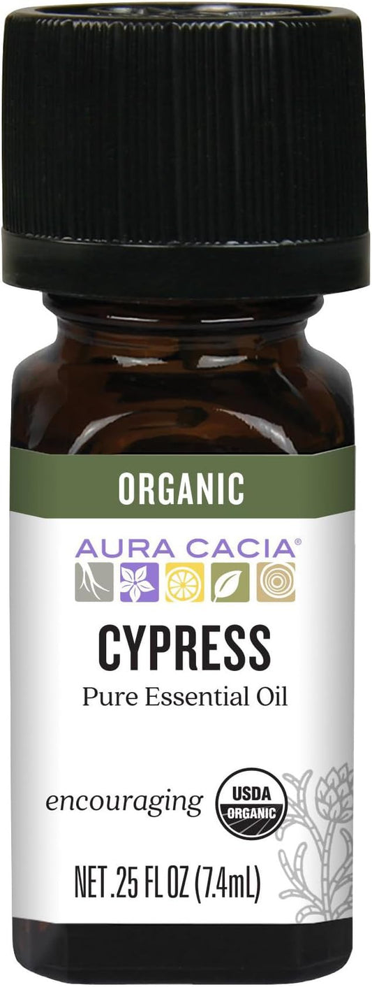 Aura Cacia Organic Cypress Essential Oil, Pure Cupressus Sempervirens Oil, Aromatherapy for Home, Body Care, DIY Blends | 0.25 Fl Oz (Pack of 1)
