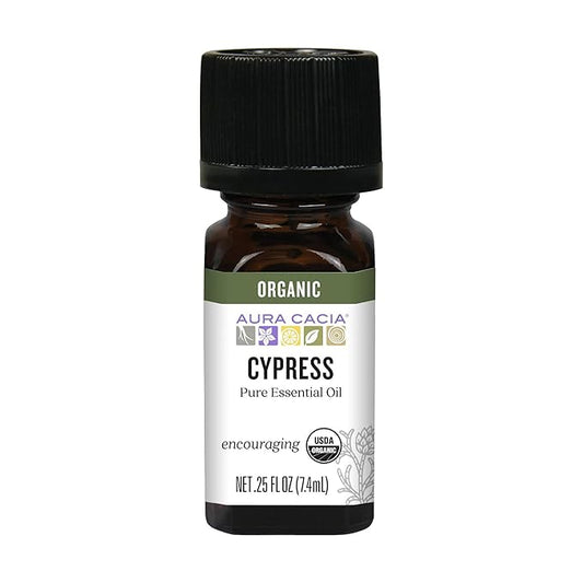 Aura Cacia Organic Cypress Essential Oil, 100% Pure Cupressus Sempervirens Oil - Aromatherapy for Home, Body Care, DIY Blends | 0.25 Fl Oz (Pack of 1)