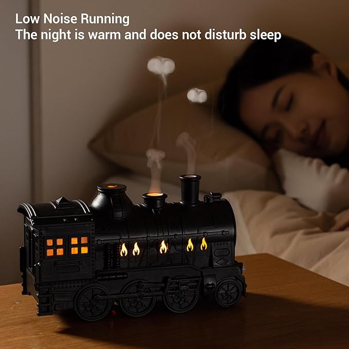 EBTOOLS 300Ml 8W Train Shaped Humidifier With Night Light, Dual Spray Modes, Warm and Cool Blue Light, Low Noise, Essential Oil Diffuser, Misting Function, Cool Mist Humidifier (Black)
