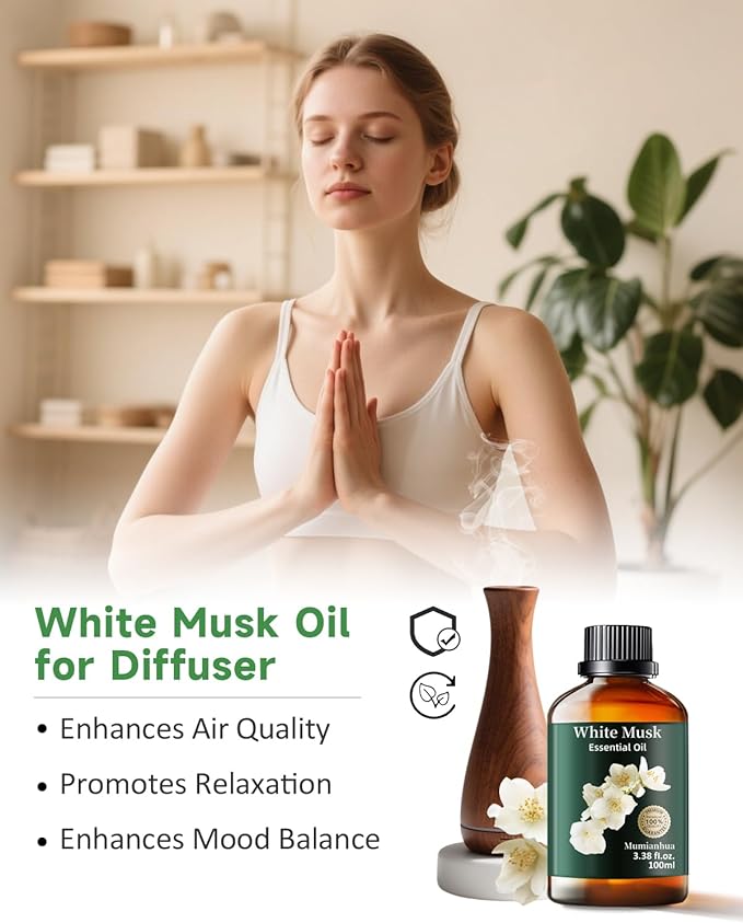 White Musk Essential Oil, Pure White Musk Oil Mumianhua Aromatherapy White Musk Fragrance Oil for Diffuser, Skin & Body Care, Women & Men, Natural Perfume & Candle Making 3.38 Fl Oz