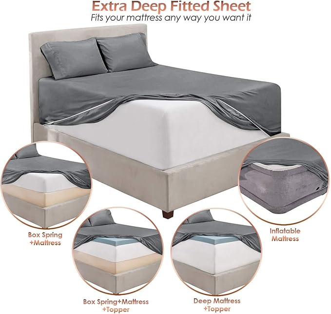 Hearth & Harbor Luxury Soft 6 Piece Bed Sheet Set Extra Deep Pocket Fitted Sheets Fits Mattress up to 21", Double Brushed Bedding Sheets & Pillowcases, Twin, Frost Gray