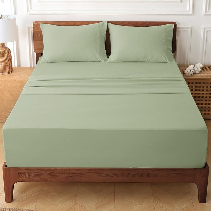 HYPREST 100% Cotton Percale Sheets Queen Size - 18-24 Extra Deep Pocket Bed Sheet Set Queen, Crisp & Breathable Cooling Bedding (Sage Green, Queen)