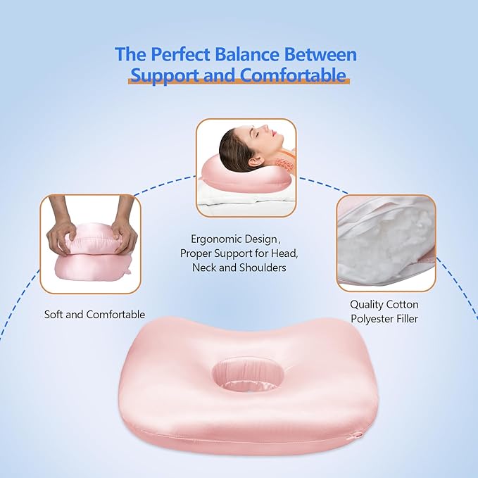 Ear Piercing Hole Pillows Side Sleeper Pillow with an Ear Hole for CNH Side Sleepers and Ear Inflammation Pressure Sores, Adjustable Cotton and Polyester Curved Side Pillow, Light Pink Silk
