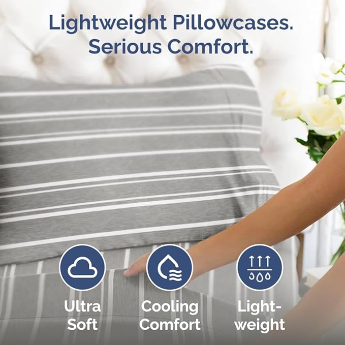 King Standard Pillow Cases Set of 4 - Soft Hotel Quality Pillowcase Covers - Comfy Bedding for Women, Men, Kids & Teens - Machine Washable Pillow Protectors - 4 Piece Set - King Standard Grey Stripes