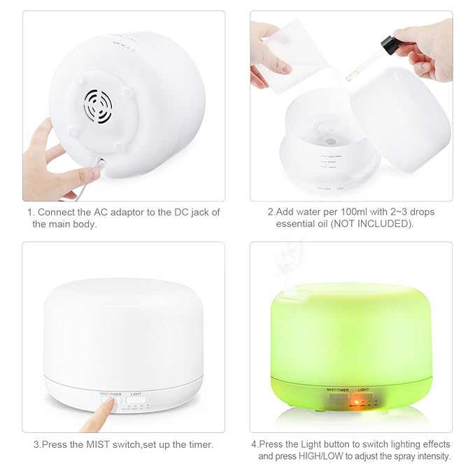 BERZ 300ml Aroma Essential Oil Diffuser Ultrasonic Air Humidifier with AUTO Shut off and 6-7 HOURS Continuous Diffusing - 7 Color Changing LED Lights and 4 Timer Settings