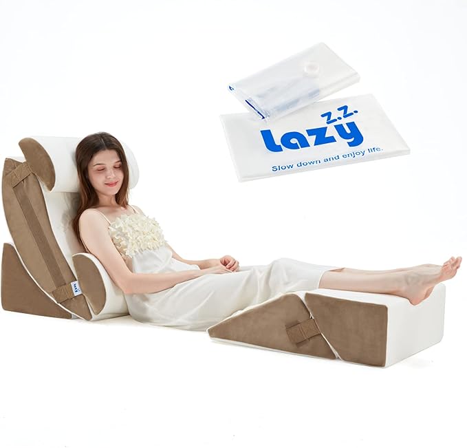 Lazyzizi 6pcs Orthopedic Bed Wedge Pillow Set, Memory Foam Wedge Pillow for Sleeping, Knee, Lumbar and Back Pain Relief Adjustable Bed Pillow - Acid Reflux, Anti Snoring & GERD Sleeping, Brown