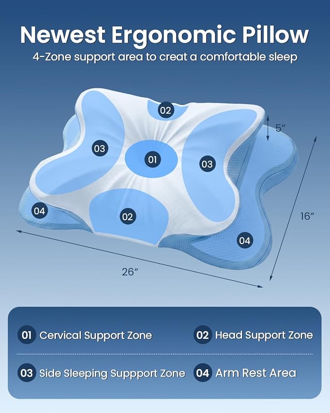 Cervical Pillow for Neck Pain Relief, 4-Height Adjustable Oeko-TEX Memory Foam Contour Pillow for Sleeping, Ergonomic Orthopedic Cooling Neck Pillow for Side Back Stomach Sleepers, Arm Support