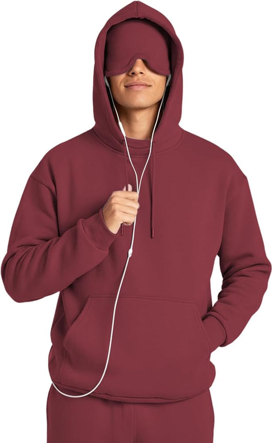 Ainangua Mens Oversized Pullover Essentials Hoodie with Eye Mask Built In Comfor Airplane Mode Travel Sleep Wearable Blanket