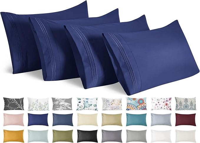 YIYEA King Pillow Cases Set of 4, Ultra Soft 1800TC Hotel Quality Double Brushed Microfiber Embroidered Pillowcases, Envelope Closure, Fade Resistant (20"x36", Navy)