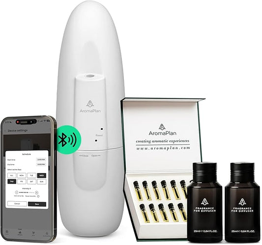 AromaPlan 5 Star Collection Plug in Diffuser (Fragrances+Sample Set Included)-Cold Air & Waterless Diffusers for Home & Office- Silent Wall Diffuser Plug in, Bluetooth App Control, 1000 sq. Ft (White)