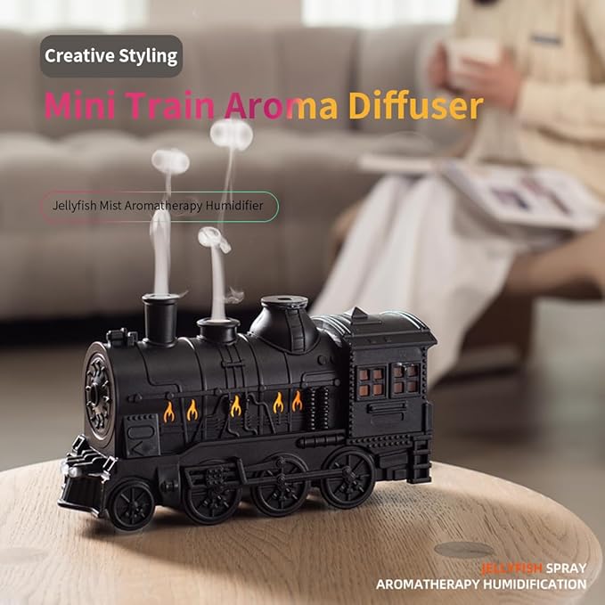 300ml Steam Train Essential Oil Diffuser, Retro Cool Mist Aroma Humidifier with 2 LED Light & 2 Mist Modes Auto Shut-Off, Quiet Aromatherapy Diffuser for Home, Bedroom & Gift Ideas
