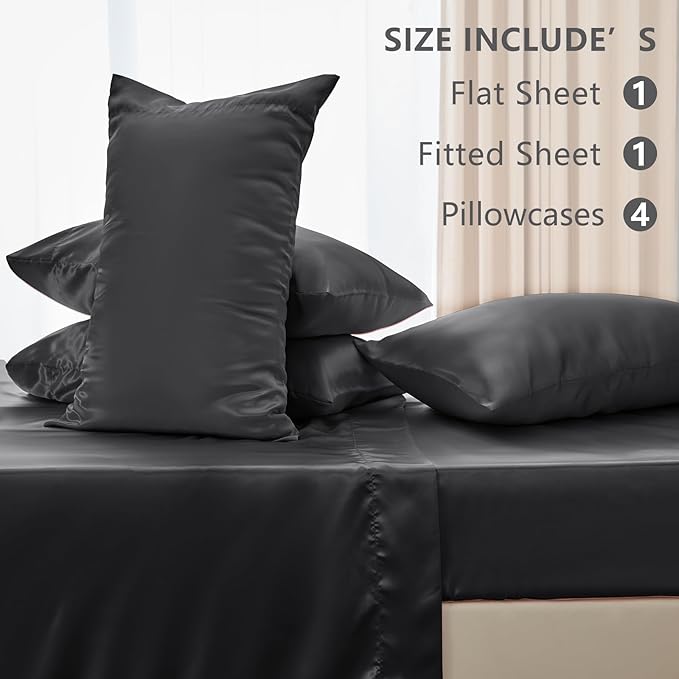 CozyLux Satin Sheets Queen Size Bed Set - 6 Piece Silky Queen Sheet Set, Luxury Dark Grey Queen Sheets with Smooth and Soft Microfiber, Includes 1 Fitted Sheet, 1 Flat Sheet and 4 Pillowcases