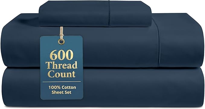 LANE LINEN Twin Sheets Set - 600 Thread Count Premium Sateen Weave - Hotel Quality 100% Cotton Sheets Set for Dorm Rooms - Securely Fits Mattresses Upto 15'' Deep - Oeko Tex Certified - Denim