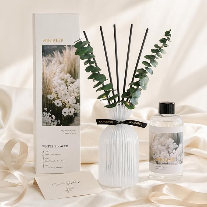 Airkeep Reed Diffuser Set 6.76 oz – White Flower Home Fragrance with Eucalyptus Sticks – Decorative Glass Bottle for Bathroom, Bedroom & Living Room Décor – Gift Ready