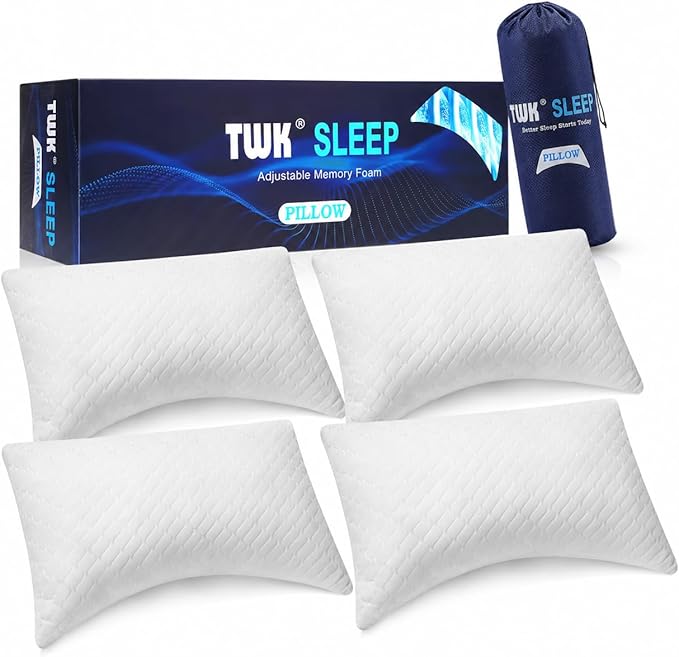 TWK Original Adjustable Bed Pillow for Sleeping, Good for Side, Back & Stomach Sleeper with Washable Removable Cover, Additional Foam Fill Included (White, Queen Size (4 Pack))
