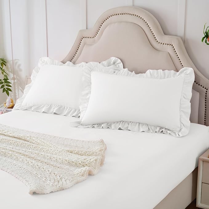 Homiest 3-Pieces Ruffle Pillow Case & Fitted Sheet Set, White King Sheets with 2 Ruffled Pillow Shams, 15 Inch Deep Pocket, Cute & Coquette Microfiber Bed Set for Decorating Bedroom Hotel