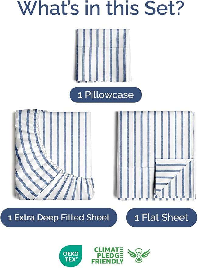 Extra Deep Twin Sheet Set - 3 Piece Breathable & Cooling Bed Sheets - Easily Fits 18 to 24 inch Mattress - Ultra Soft, Wrinkle & Fade Free w/ Extra Deep Pockets - Hotel Luxury Bedding - Blue Stripes 2