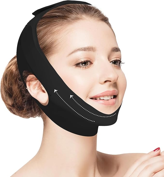 Jawline Shaper Chin Strap for Sleeping, Reusable V-Line Mask for Women Face Lifting Made w/Electric-Hot-Press Tech for Skin-Friendly & Breathable Cooling Fabric