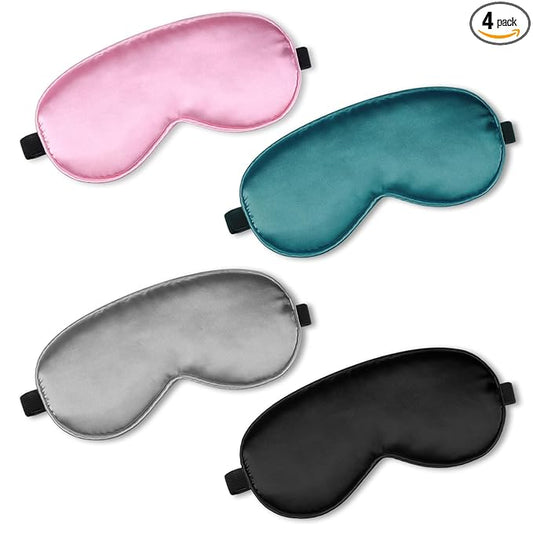 BBTO 4 Pcs Silk Sleep Eye Masks Smooth Soft Satin Eye Covers with Adjustable Strap Blindfold for Sleeping Blocking Out Lights Travel Relaxation (Black, Grey, Dark Green, Pink)