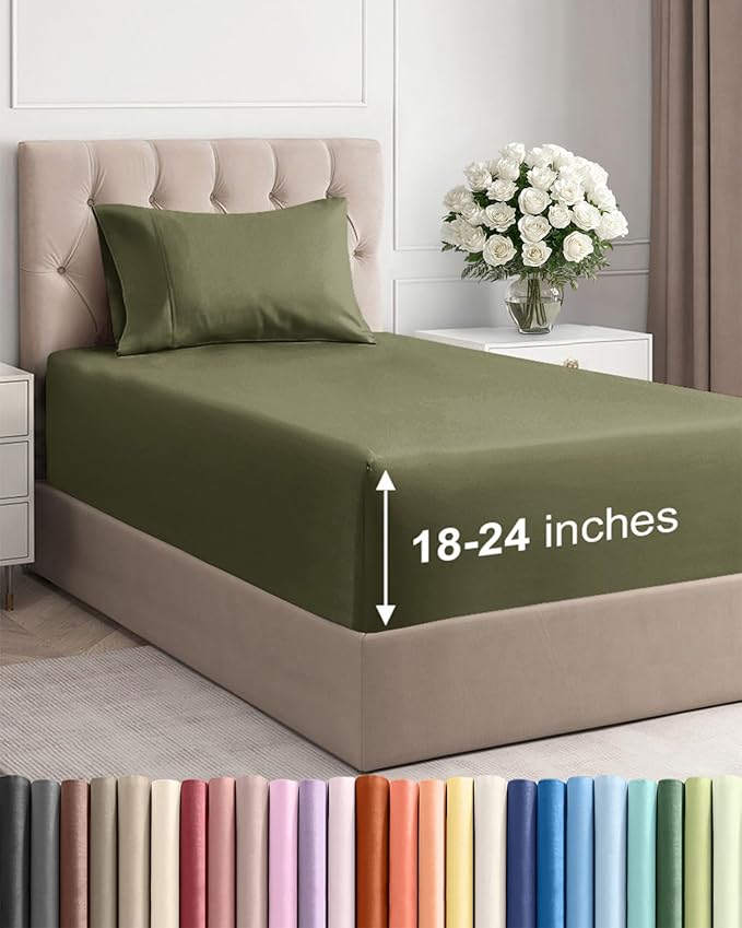 Extra Deep Twin Sheet Set - 3 Piece Breathable & Cooling Bed Sheets - Easily Fits 18 to 24 inch Mattress - Ultra Soft, Wrinkle & Fade Free with Extra Deep Pockets - Hotel Luxury Bedding - Sage Green