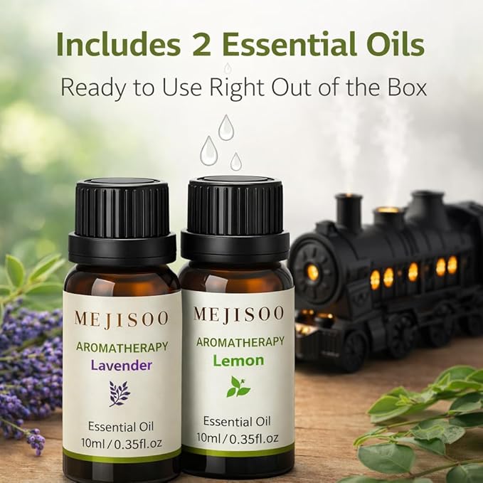 Steam Train Essential Oil Diffuser Set, 300 ml Retro Train Aromatherapy Diffuser with Night Light, Includes 2 Essential Oils, Desk Decor Humidifier, Gift for Train Lovers