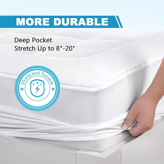 Queen Mattress Pad Cover Cooling Mattress Topper Pillow Top with Down Alternative Fill (8-21” Fitted Deep Pocket Queen Size) White
