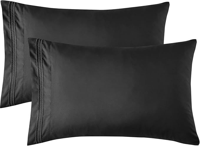 YIYEA Standard Pillow Cases Set of 2, Ultra Soft Double Brushed Microfiber Pillowcases Standard, Hotel Quality Embroidered Bed Pillow Covers, Fade Resistant, Easy Slip-On (20"x26", Black)