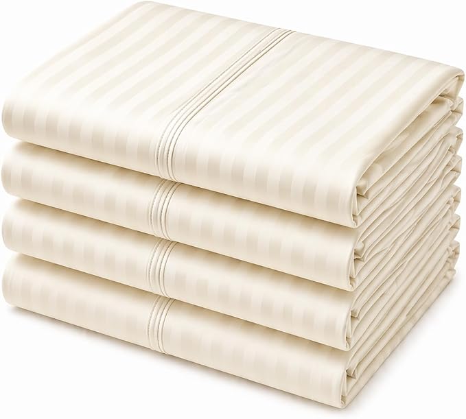 Mattress-Homes Hotel Quality Premium Pillowcases Queen Size Set of 4 Cotton Pillows for Sleeping, Smooth & Silky Cozy Breathable Bed Pillow Covers Machine Washable in Ivory Stripe
